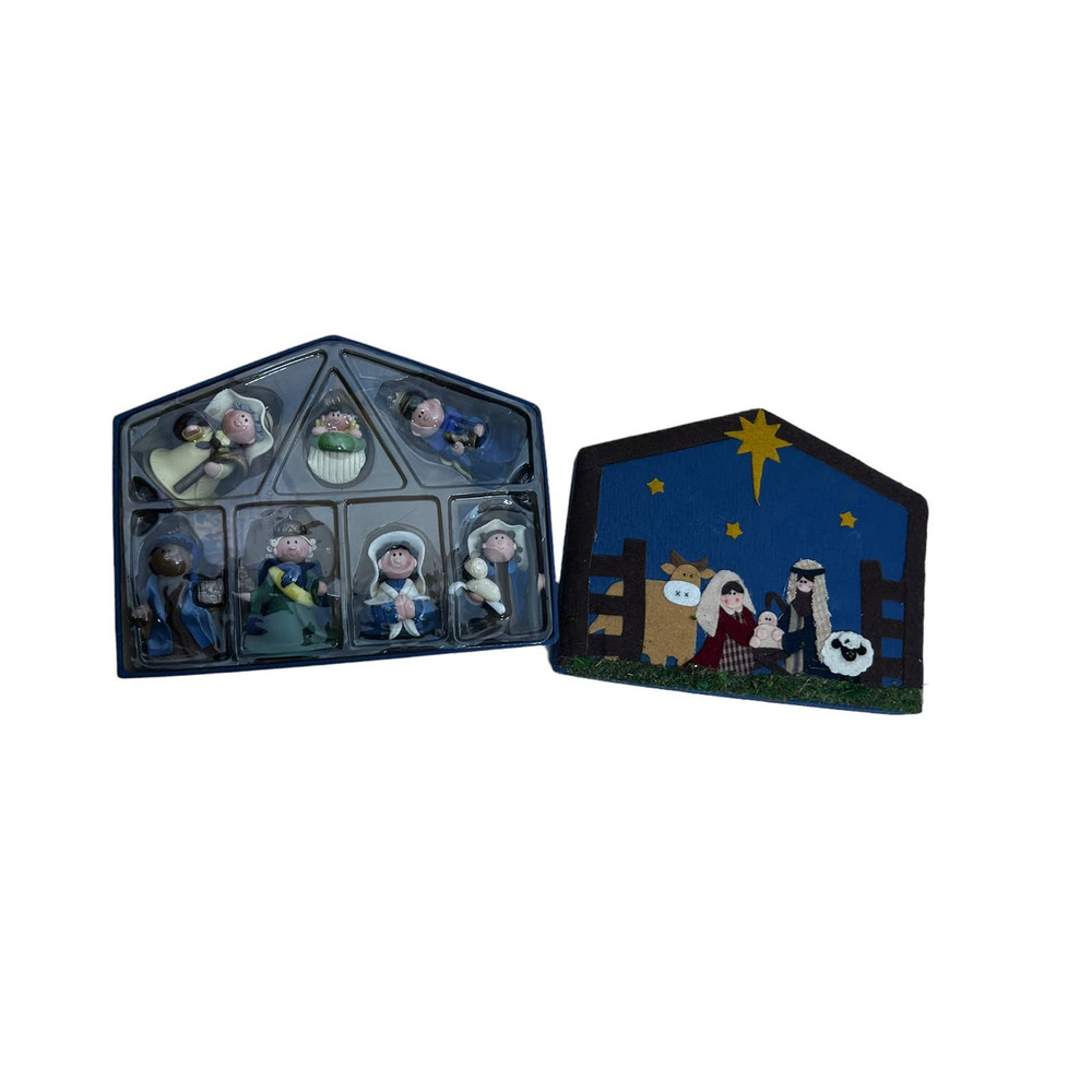 Nativity in a Box Polymer‎ Clay Set Ornaments 7 Figures & Felted Manger 2004